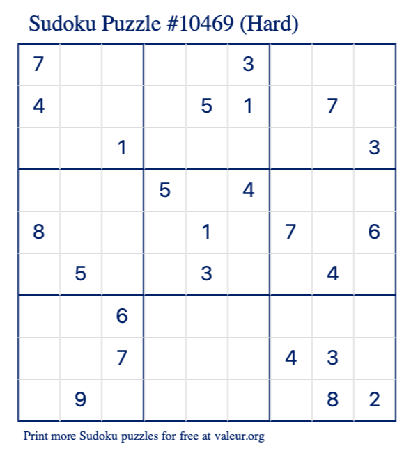 Free Printable Hard Sudoku Puzzle number 10469