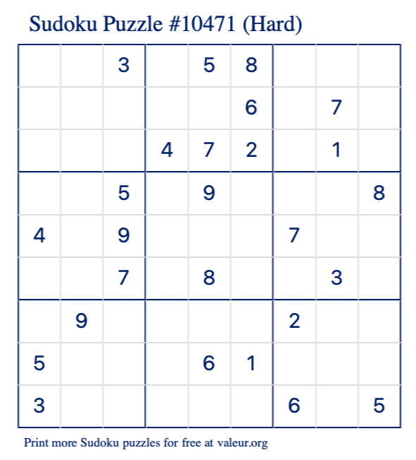 Free Printable Hard Sudoku Puzzle number 10471