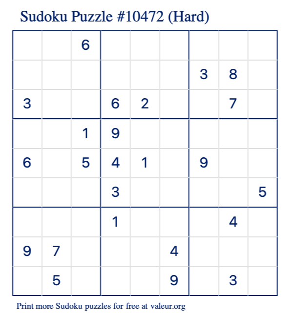 Free Printable Hard Sudoku Puzzle number 10472