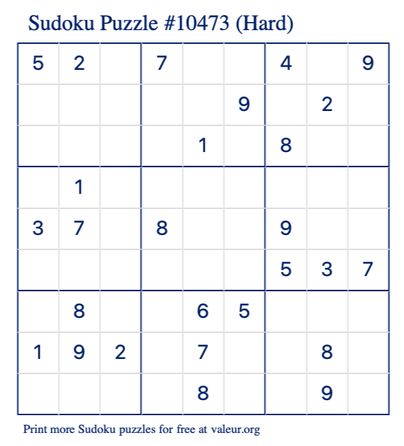 Free Printable Hard Sudoku Puzzle number 10473
