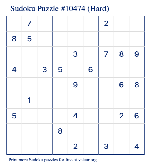 Free Printable Hard Sudoku Puzzle number 10474