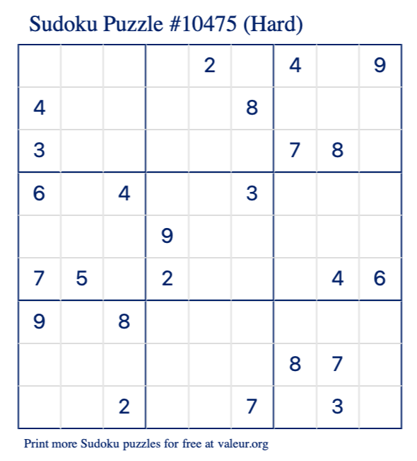 Free Printable Hard Sudoku Puzzle number 10475