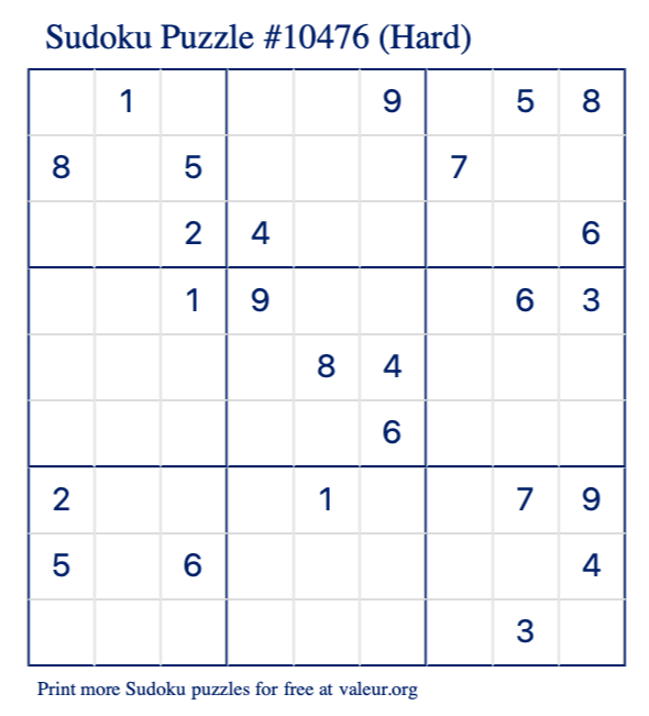 Free Printable Hard Sudoku Puzzle number 10476