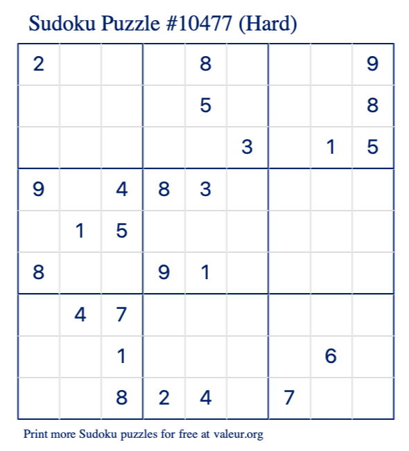 Free Printable Hard Sudoku Puzzle number 10477