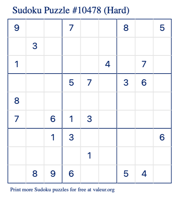 Free Printable Hard Sudoku Puzzle number 10478