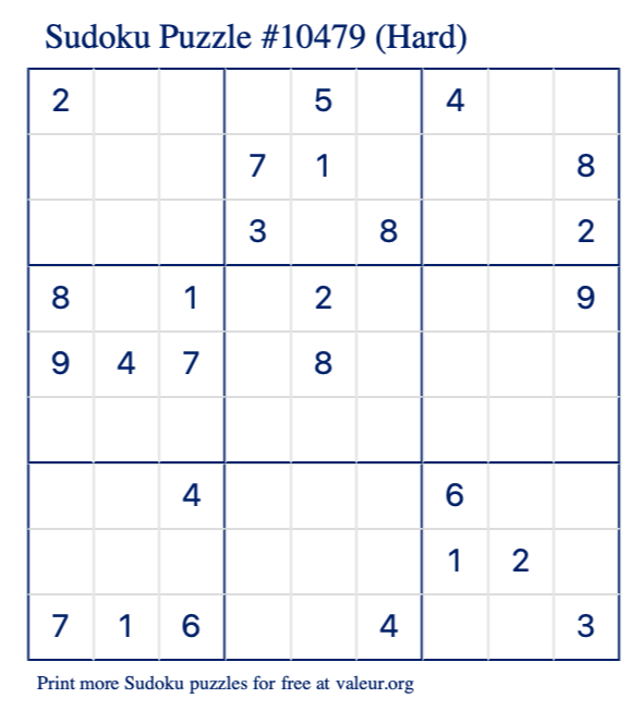 Free Printable Hard Sudoku Puzzle number 10479
