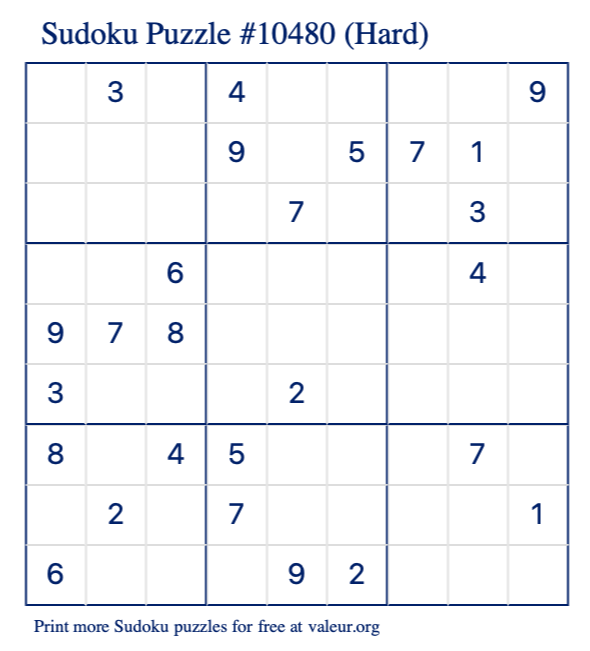 Free Printable Hard Sudoku Puzzle number 10480