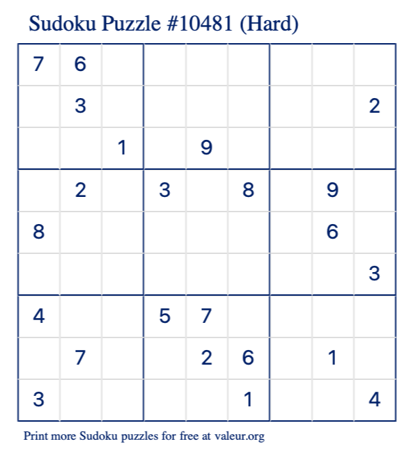 Free Printable Hard Sudoku Puzzle number 10481