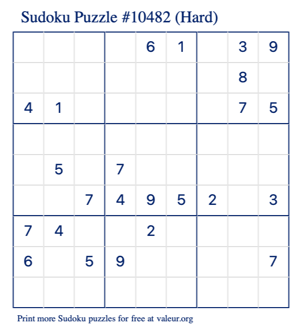 Free Printable Hard Sudoku Puzzle number 10482