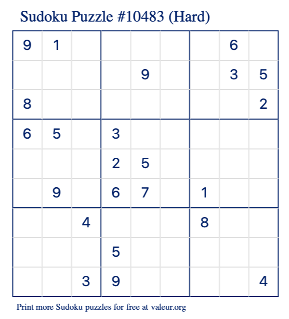 Free Printable Hard Sudoku Puzzle number 10483