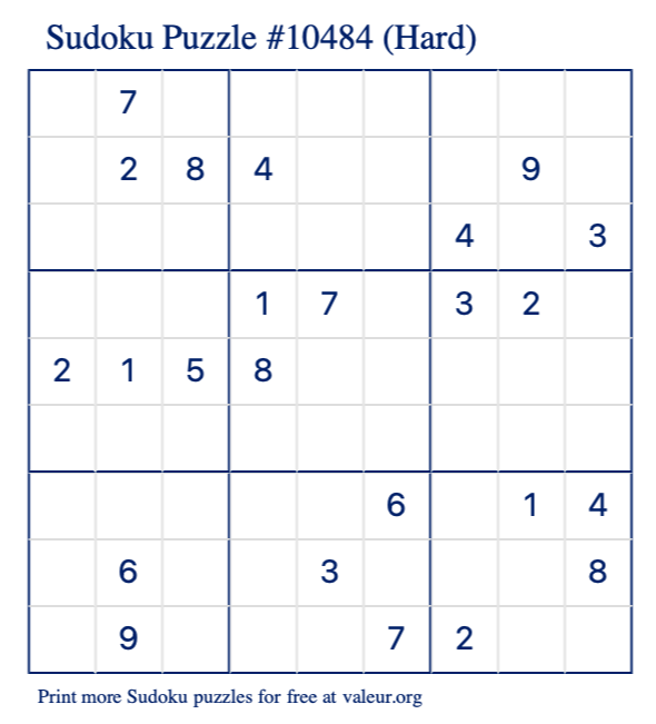 Free Printable Hard Sudoku Puzzle number 10484