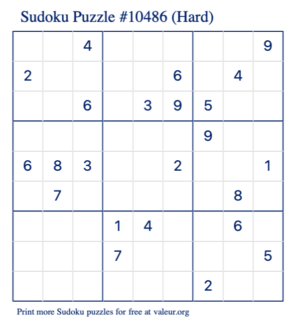 Free Printable Hard Sudoku Puzzle number 10486