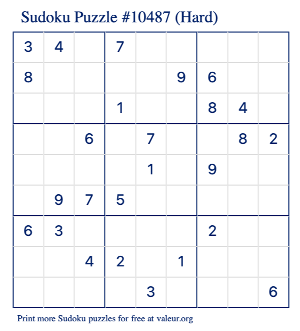 Free Printable Hard Sudoku Puzzle number 10487
