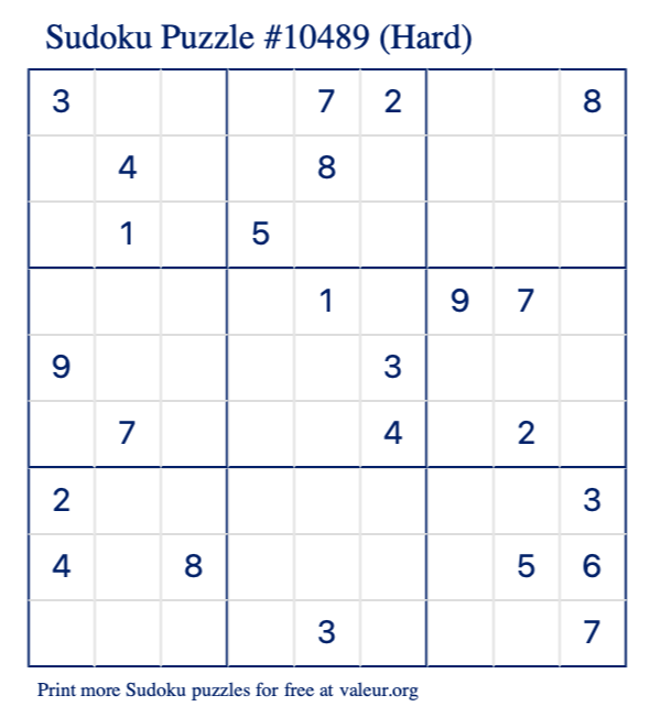 Free Printable Hard Sudoku Puzzle number 10489