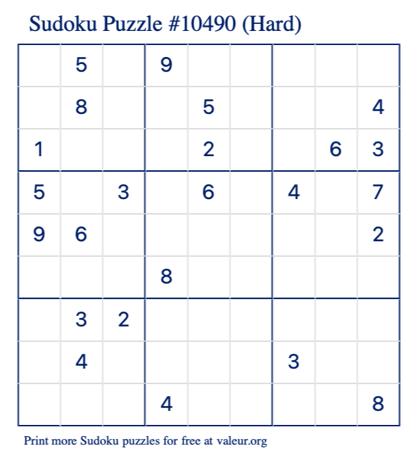 Free Printable Hard Sudoku Puzzle number 10490