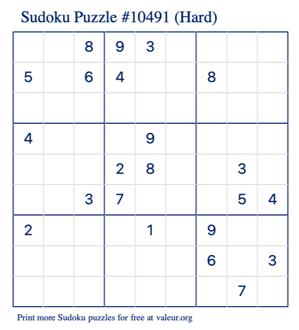 Free Printable Hard Sudoku Puzzle number 10491