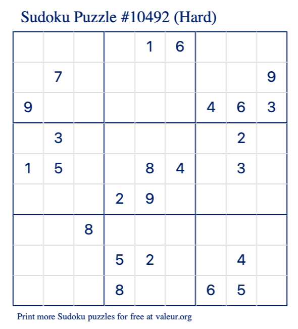 Free Printable Hard Sudoku Puzzle number 10492