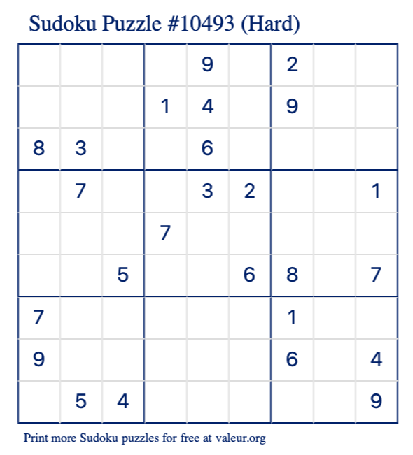 Free Printable Hard Sudoku Puzzle number 10493