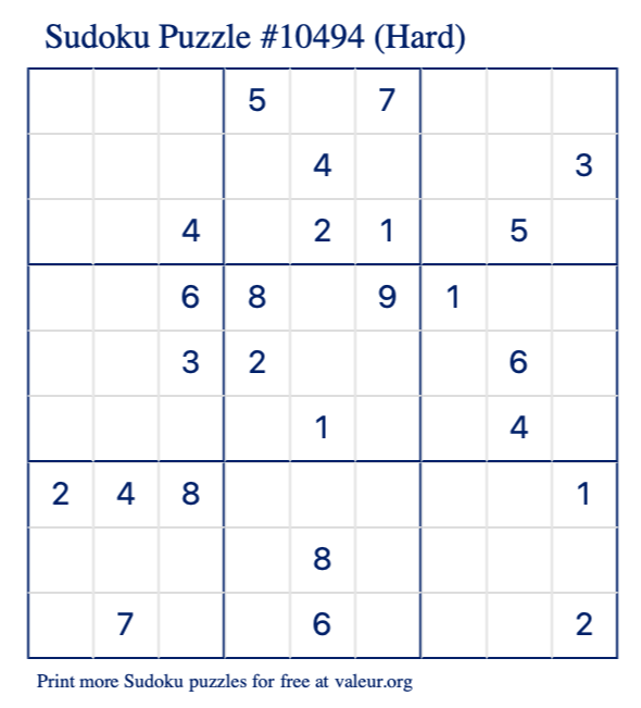 Free Printable Hard Sudoku Puzzle number 10494