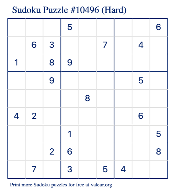 Free Printable Hard Sudoku Puzzle number 10496