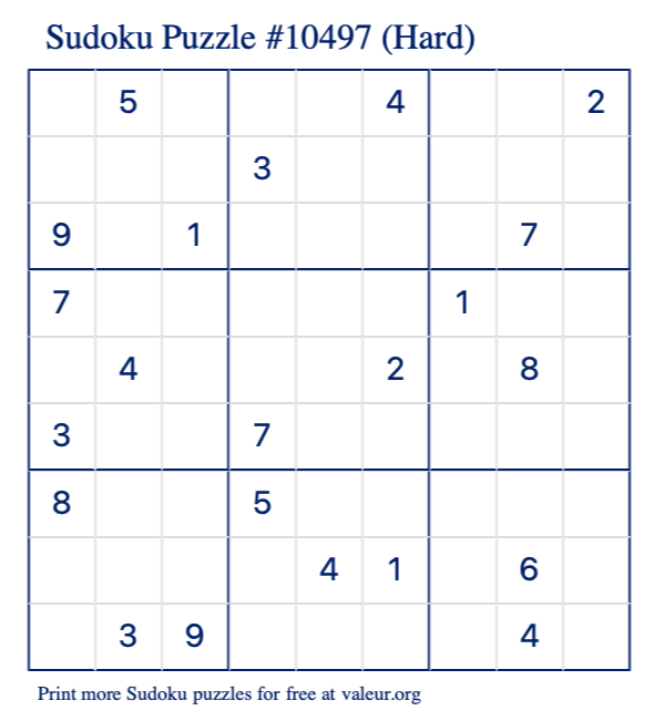 Free Printable Hard Sudoku Puzzle number 10497