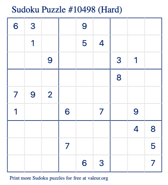 Free Printable Hard Sudoku Puzzle number 10498