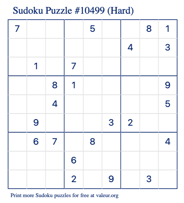 Free Printable Hard Sudoku Puzzle number 10499