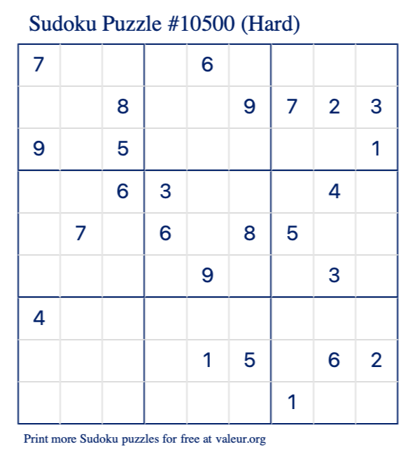 Free Printable Hard Sudoku Puzzle number 10500