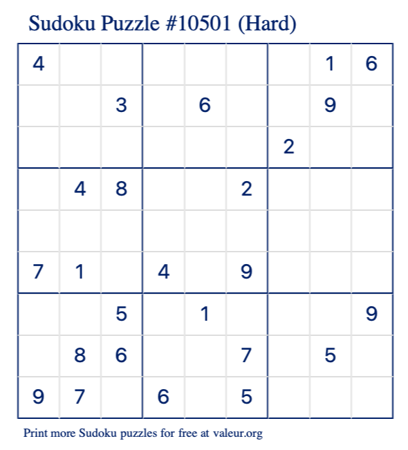 Free Printable Hard Sudoku Puzzle number 10501