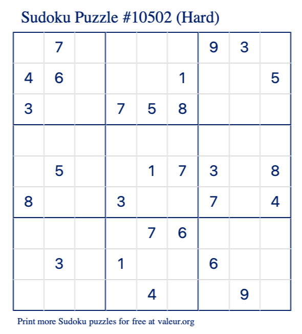 Free Printable Hard Sudoku Puzzle number 10502