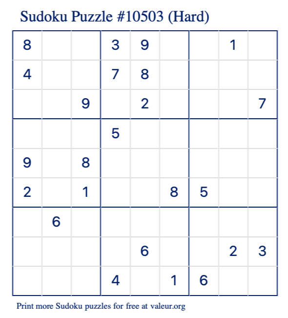 Free Printable Hard Sudoku Puzzle number 10503