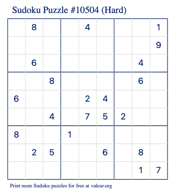 Free Printable Hard Sudoku Puzzle number 10504