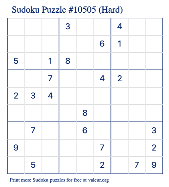 Free Printable Hard Sudoku Puzzle number 10505