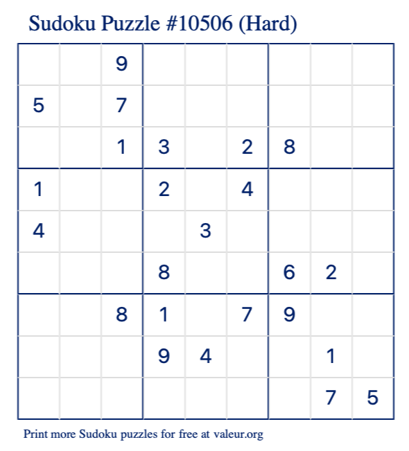 Free Printable Hard Sudoku Puzzle number 10506