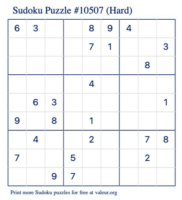 Free Printable Hard Sudoku Puzzle number 10507