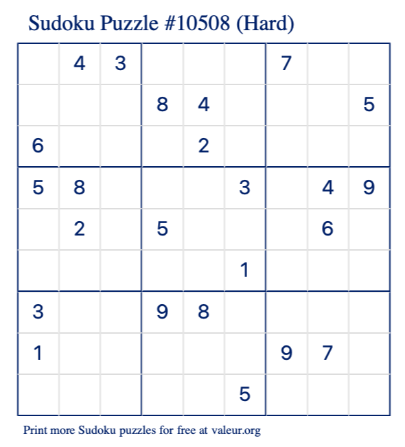 Free Printable Hard Sudoku Puzzle number 10508