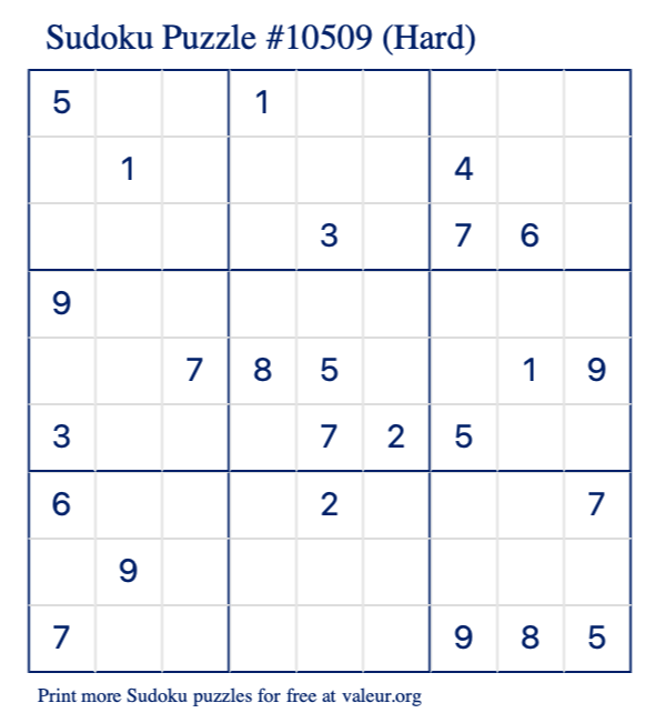 Free Printable Hard Sudoku Puzzle number 10509