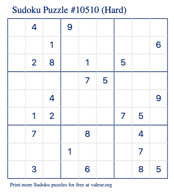 Free Printable Hard Sudoku Puzzle number 10510