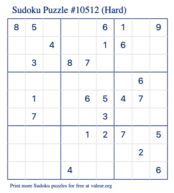 Free Printable Hard Sudoku Puzzle number 10512