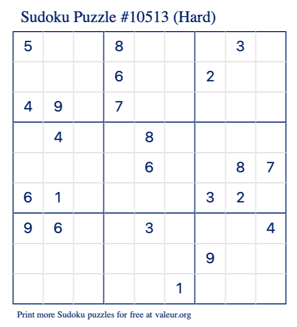 Free Printable Hard Sudoku Puzzle number 10513