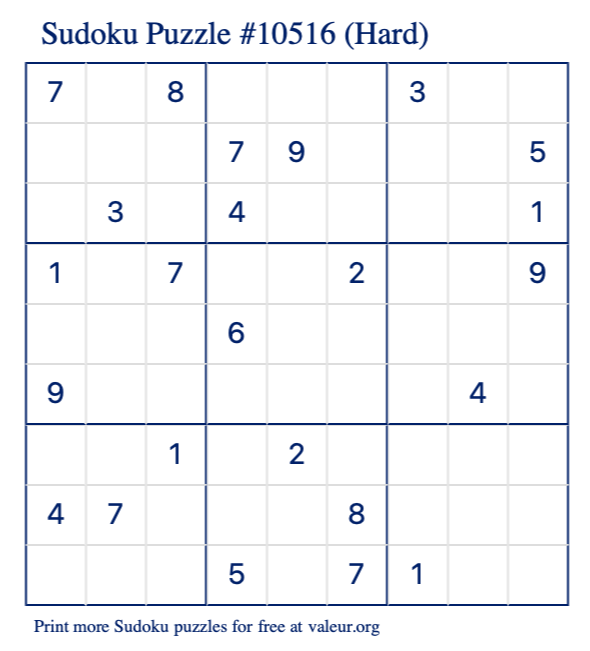 Free Printable Hard Sudoku Puzzle number 10516