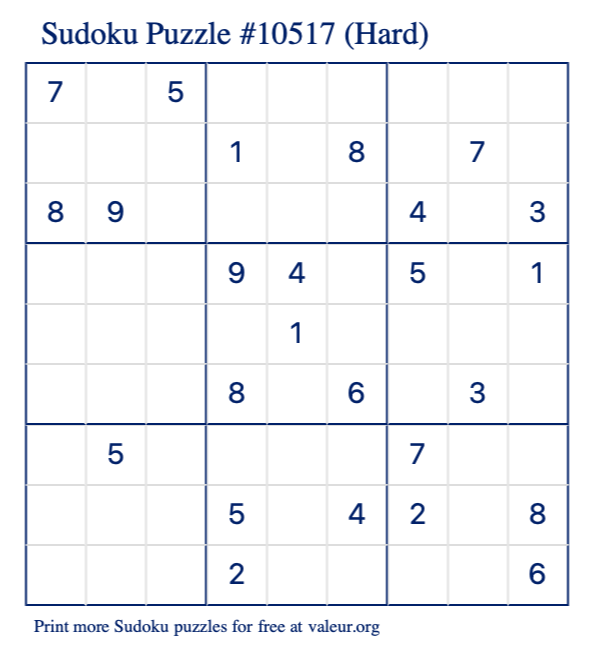 Free Printable Hard Sudoku Puzzle number 10517
