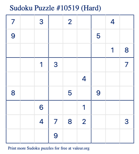 Free Printable Hard Sudoku Puzzle number 10519