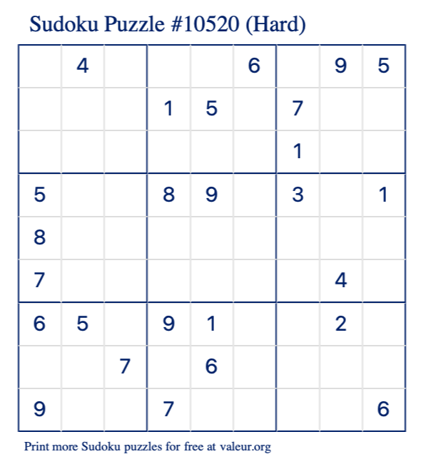 Free Printable Hard Sudoku Puzzle number 10520