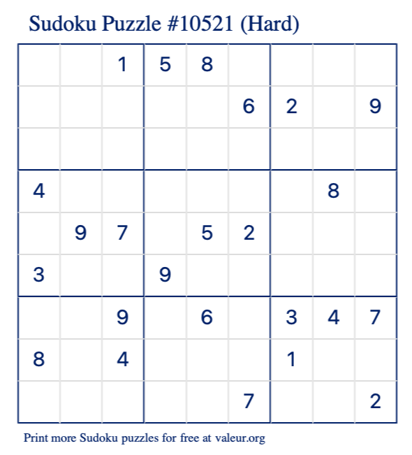 Free Printable Hard Sudoku Puzzle number 10521