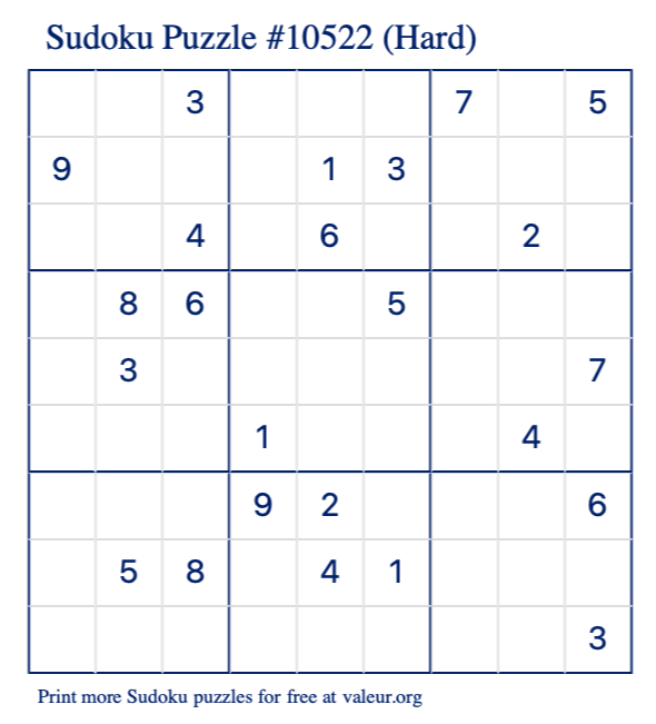 Free Printable Hard Sudoku Puzzle number 10522