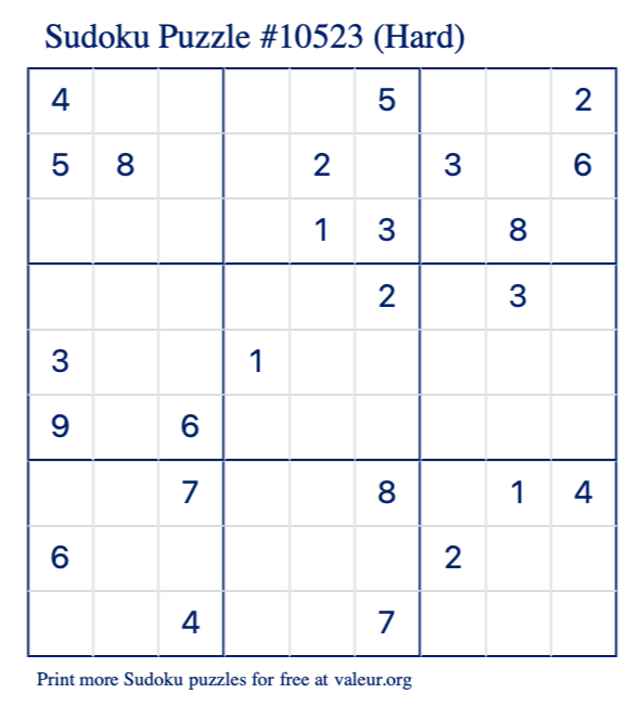 Free Printable Hard Sudoku Puzzle number 10523