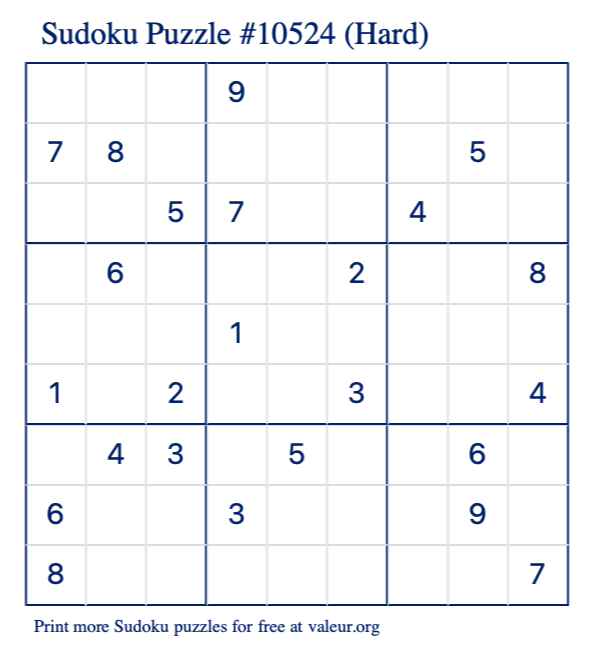 Free Printable Hard Sudoku Puzzle number 10524