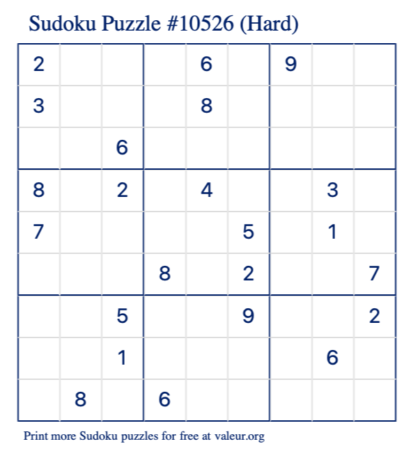 Free Printable Hard Sudoku Puzzle number 10526