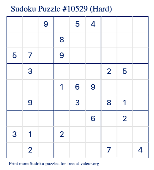 Free Printable Hard Sudoku Puzzle number 10529